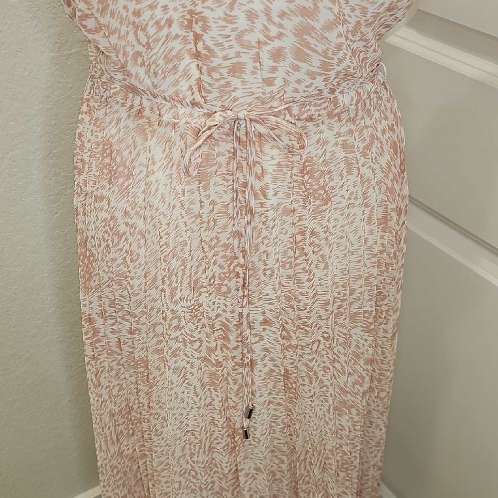 Oasis Peach Cream Patterned Flutter Sleeve Pleated Skirt Midi Spring Dress Sz 12 - Picture 5 of 9